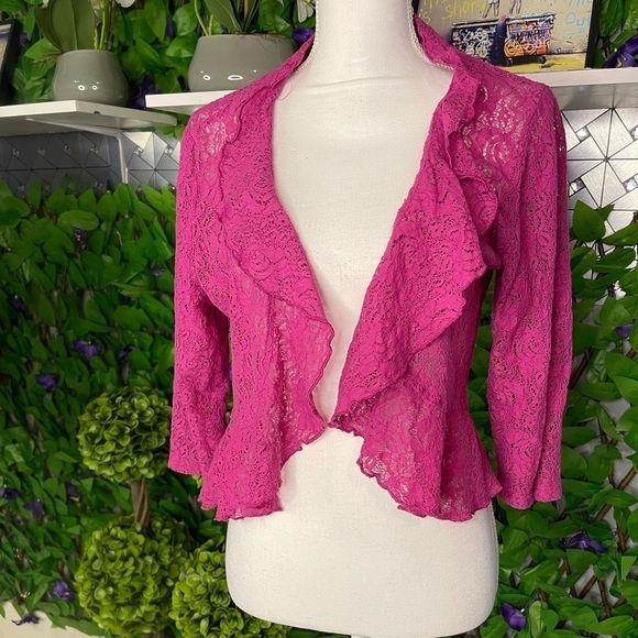 Pink Fusia Lace Cropped Ruffle Cotton Blend Cardigan Women’s 1X by Notations - Picture 2 of 12